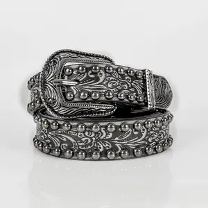 New women's vintage distressed studded embossed black belt with unique retro pin buckle