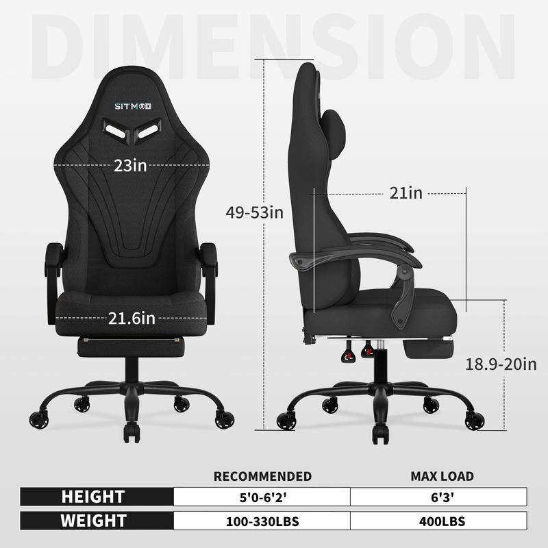 Gaming Chair, Big and Tall Gaming Chairs for Adults with Footrest and Lumbar Support, Comfortable Ergonomic Fabric Computer Chair 400 lbs, 360° Swivel, Height Adjustable Video Gamer Chair