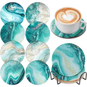 8 Pcs Diamond Art Painting Coasters with Holder, DIY Teal Marble Ocean Diamond Art Coasters for Drinks Diamond Art Painting Kits for Beginners, Diamond Kits Craft Supplies for Adults Kids, Coasters