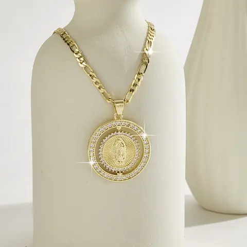 Fashion Luxury 360-Degree Rotating Religious Medallion, Gold Plated Iced Out CZ Virgin Mary / St Jude / Crucifix / Santa Muerte, Unisex Faith Jewelry Gift, Spiritual Jewelry
