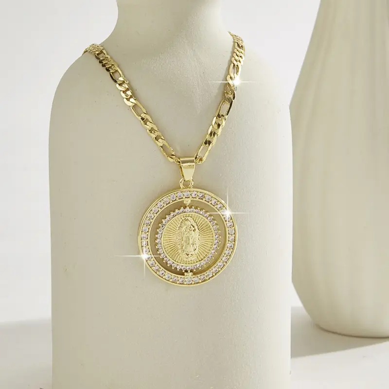 Fashion Luxury 360-Degree Rotating Religious Medallion, Gold Plated Iced Out CZ Virgin Mary / St Jude / Crucifix / Santa Muerte, Unisex Faith Jewelry Gift, Spiritual Jewelry