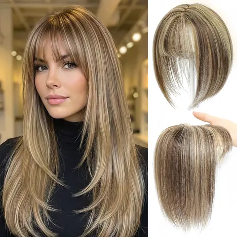 Women's Real Hair Topper - 10in 30G Light-Density Clip-On Anti-Slip, Natural Straight Hairpiece, Breathable Lace Base, Clip On Bangs Front Bangs Extensions, Wash & Curl Ready for Daily Gray Hair Coverage