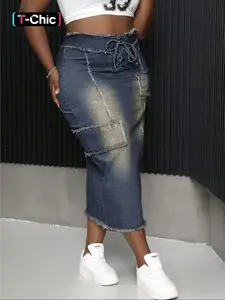 【Plus Size】 Vintage Dark Wash Denim Skirt, Fashion Casual A Line Skirt for Daily Outdoor Wear, Women Plus Clothing Womenswear for Summer