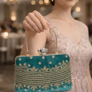 Sea green zardozi embroidery velvet clutch