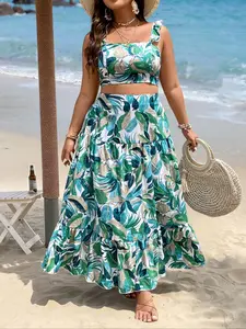 【Plus Size】 Leaf Print Crop Top & Skirt Set, Boho Fashion Casual Two-piece Set for Beach Vacation Holiday, Women's Clothing for All Seasons