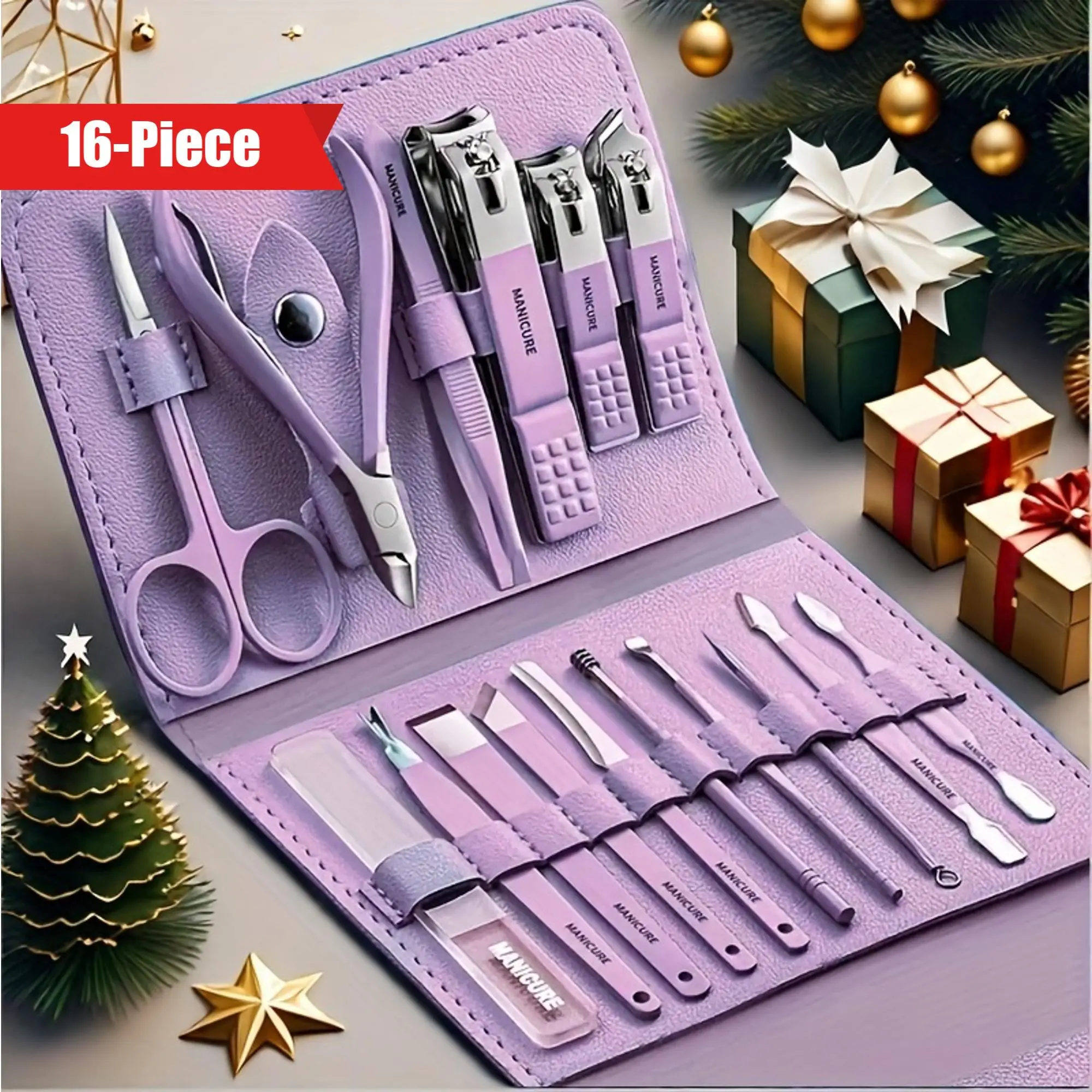 16-Piece Premium Stainless Steel Manicure & Pedicure Kit - Modern Style Nail Clipper Set, Nail Trimmer Kit with Straight Edge, Nail File, Ear Pick, Scissors - Professional Grooming Tools for Travel & Beauty Care, Manicure Accessory Set