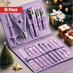 16-Piece Premium Stainless Steel Manicure & Pedicure Kit - Modern Style Nail Clipper Set with Straight Edge, Nail File, Ear Pick, Scissors - Professional Grooming Tools for Travel & Beauty Care