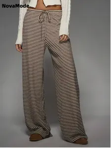 Women's Striped Knit Wide Leg Pants High Waist Palazzo Casual Loose Fit Winter Fall Fashion with Drawstring, Comfortable Ladies Bottoms