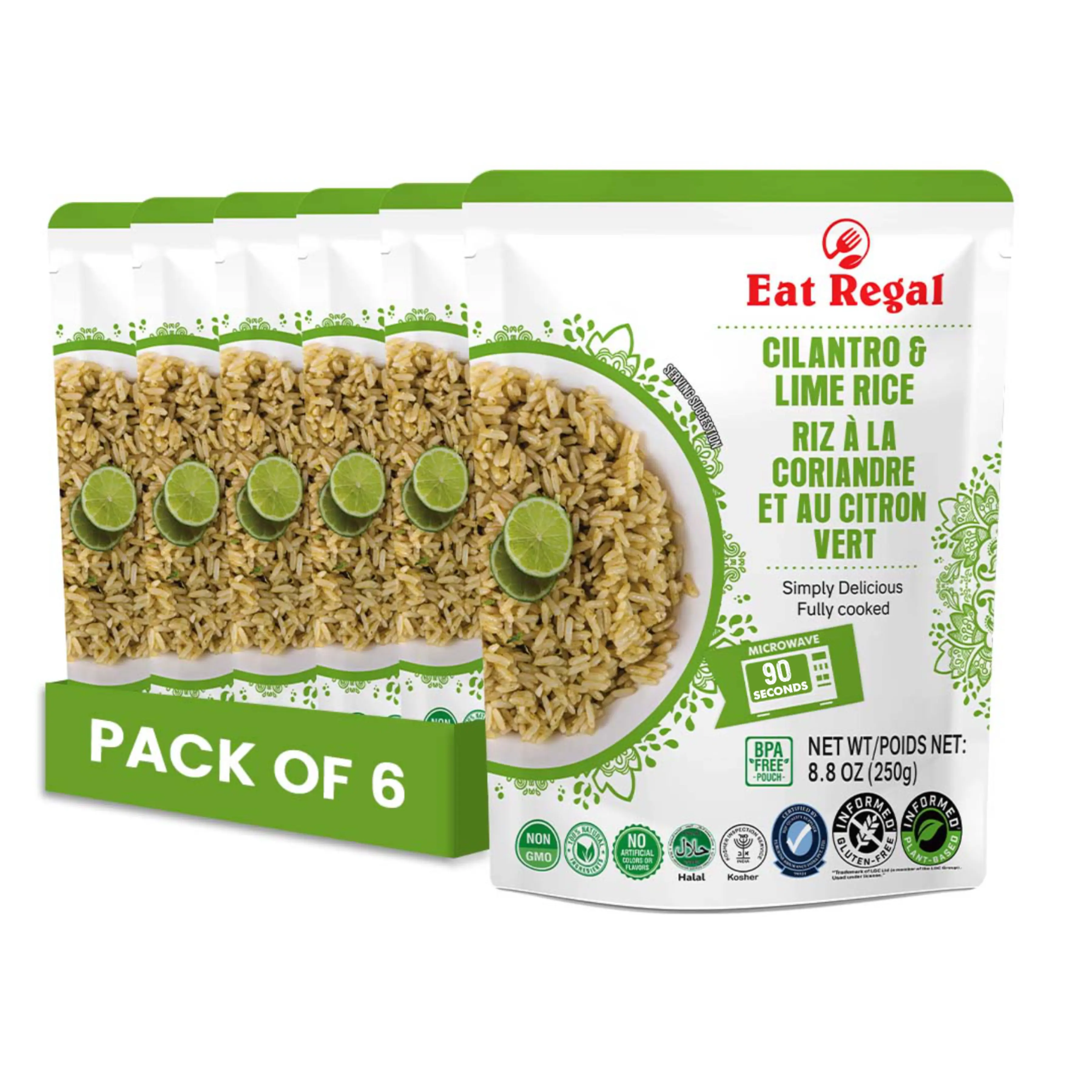 Eat Regal Cilantro & Lime Microwave Parboiled Rice Pack of 6, 8.8oz - Instant Rice Ready in 1.5 Minutes, No Refrigeration, Side Dish, Savory Food