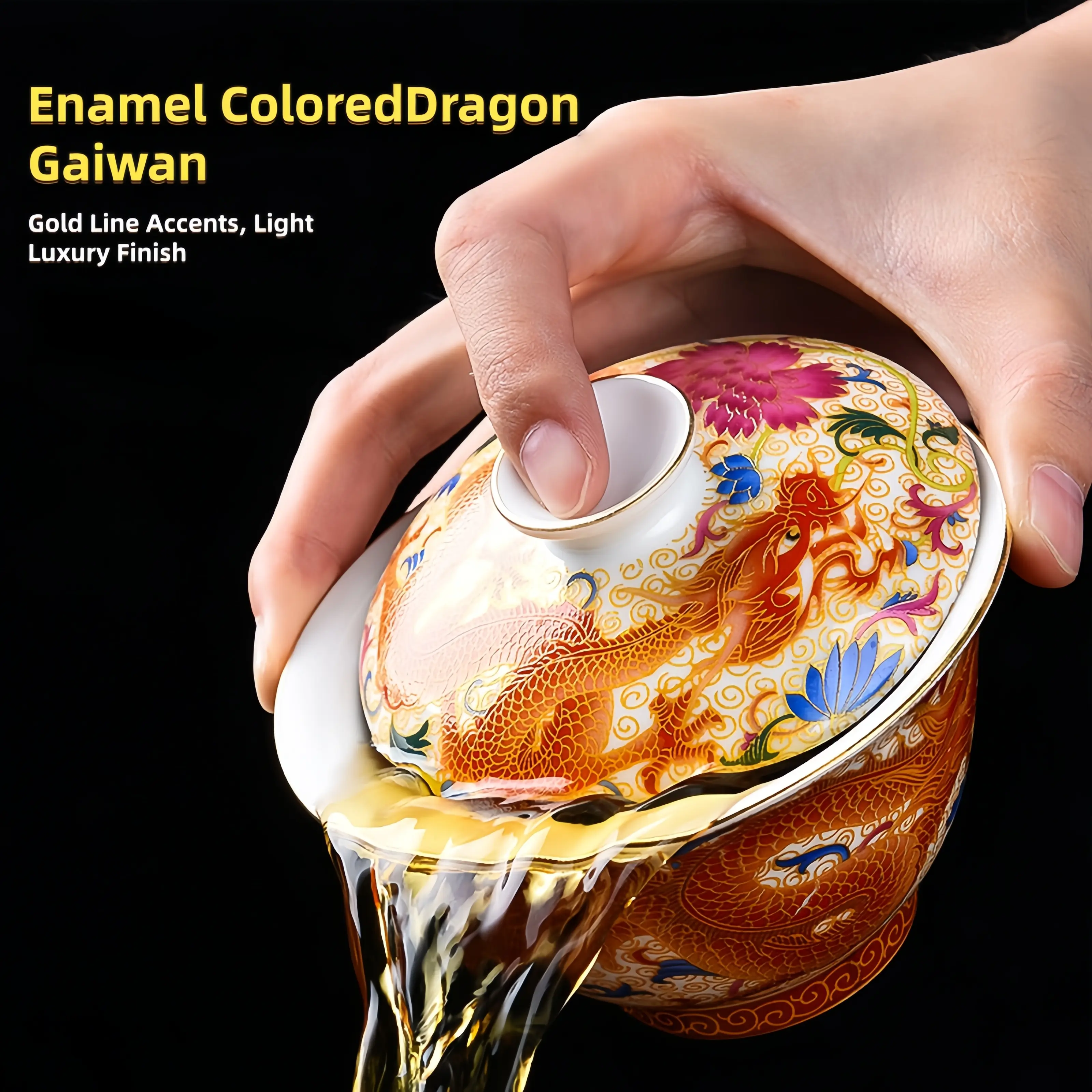 Collectible Hand-Painted Enamel Ceramic Dragon Gaiwan Tea Cups Set - Thin-Wall Oriental Pottery for Brewing, Traditional Golden Cultural Gift Item, Premium Tea Sets