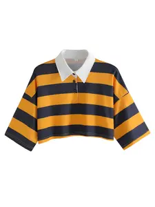 Vintage Colorblock Striped Short Cropped Polo Shirt, American Street Style High Waist Loose Fit Half Sleeve Blouse, Women's Fashion Top