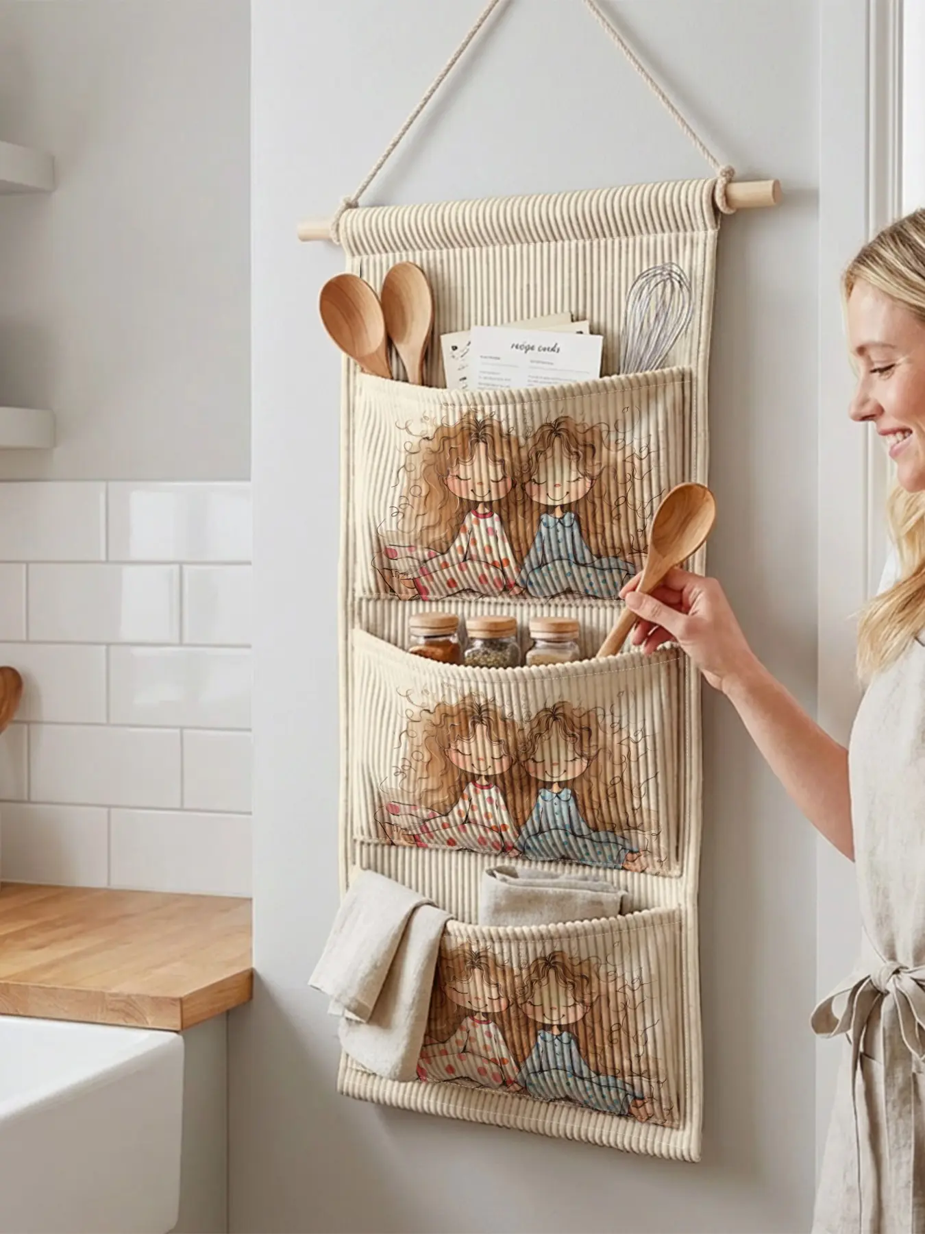 1pc Kitchen Door Hanging Storage Bag, Girl Pattern, 2D Print, Three-Layer Multi-Compartment, Organize Cookware, Spices, Towels, Small Items