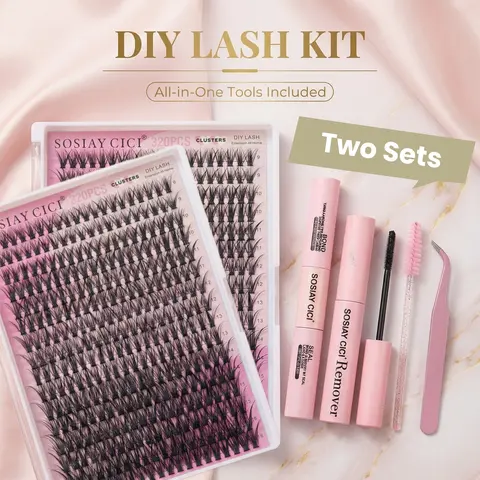 SOSIAY CICI Cosmetic Eyelash Clusters Kit, DIY Lash Extensions Bundle with Waterproof D-Curl 9-16mm Mixed Lengths, Bond, Seal, Remover & Tools for Natural Glam Look, Long-Lasting False Lashes Accessory