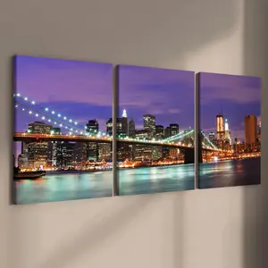 Wooden Framed Canvas Painting, 3 Counts/set Bustling City Bridge Pattern Wall Art, Wall Decor for Home Living Room Bedroom Office