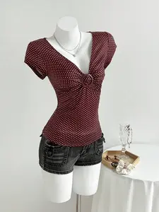 MALINDA Women's Casual Knitted Brown Polka Dot T-Shirt Deep V Neck Cap Sleeve Ruched Bust Regular Length Top