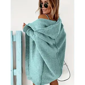 Women's Plain Drop Shoulder Hooded Midi Cardigan Without Top, Casual Chic Long Sleeve Open Front Knitwear for Daily Outdoor Wear, Women Knitwear