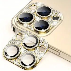 Glitter Bling Diamond Camera Lens Protector Gold Tempered Glass Cover For iPhone16/15/14/13/12/11 Series Accessories Shockproof Scratch Resistant