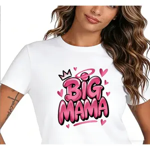 Graffiti Crown Women's Plus Size Casual Short Sleeve T-Shirt BIG MAMA Graphic With Crown & Hearts Geometric Print Breathable Round Neck Machine Washable All Season Comfort Fashionable Cotton Fabric Top