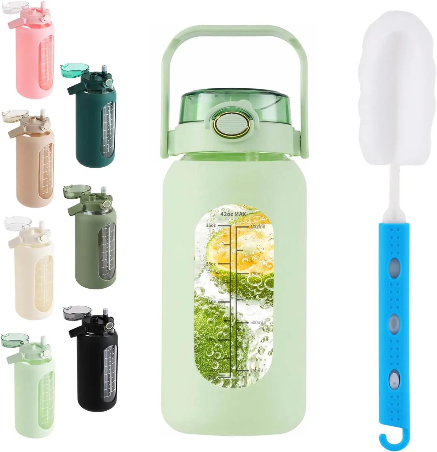 42 oz Bottle with 2-in-1 Straw Lid Large Half Gallon Bottle with Time Marker & Removable Sleeve,Wide Mouth BPA-Free Borosilicate Bottle for Gym, Workout & Daily Use