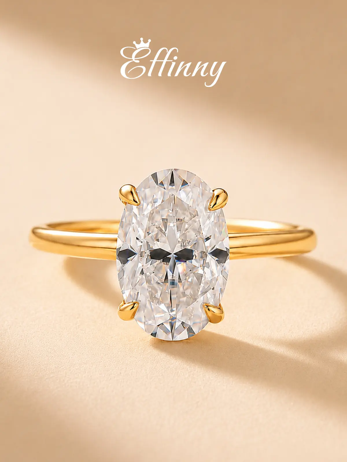 Effinny Synthetic Certified Moissanite 4.0 Carat Excellent Oval Cut Solitaire D Color VVS1 Hypoallergenic Engagement Ring, Fashion Design Women's Golden Plated Ring for Daily, Wedding, Party, Birthday