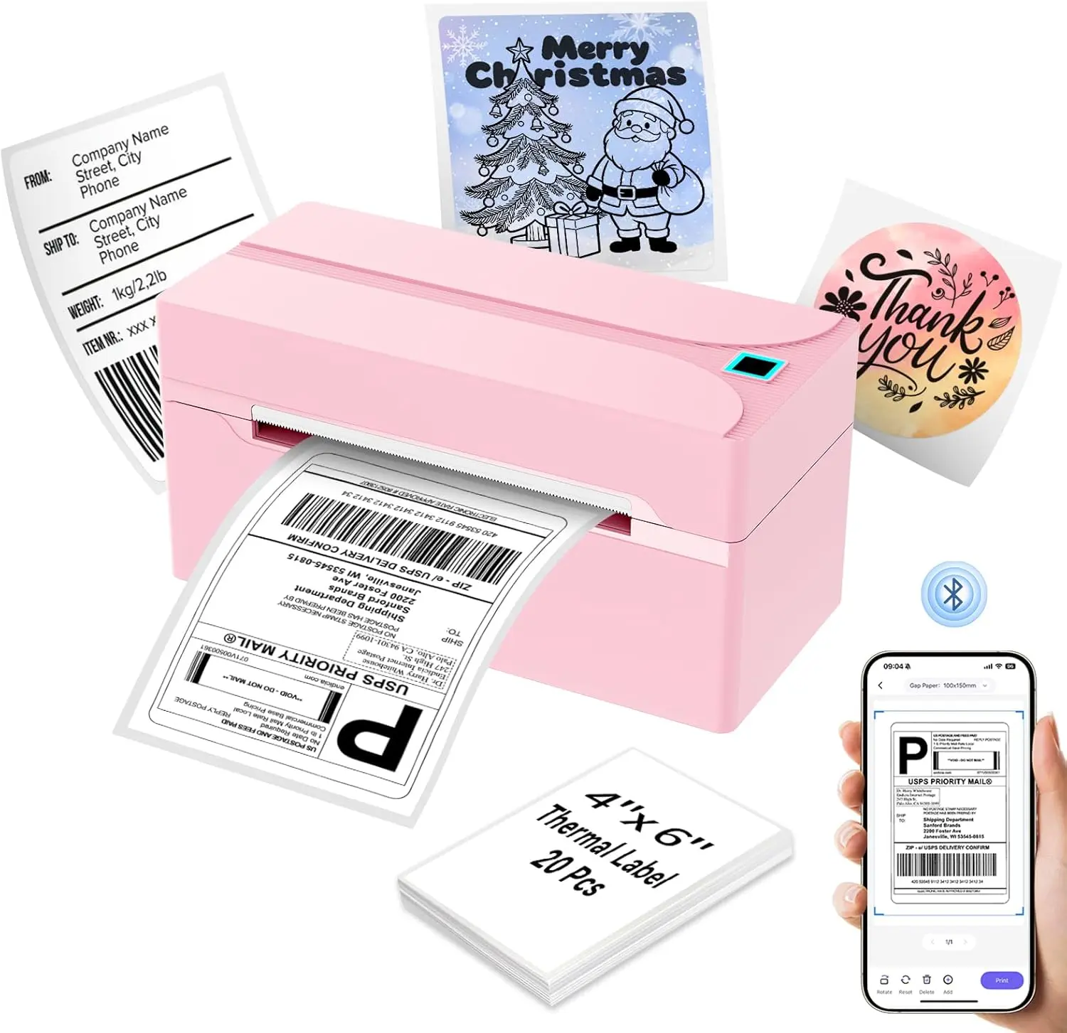 Shipping Label Printer, 4X6 Bluetooth Thermal Label Printer for Shipping Packages Small Business, Thermal Printers Compatible with Android Iphone Windows Mac USPS Amazon Shopify Etsy, Pink HKHKPI
