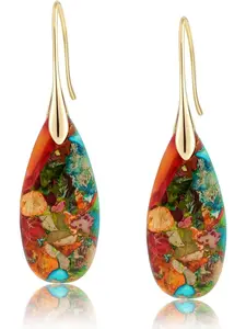 2 Pairs Set Natural Healing Stone Fish Shaped Hoop Drop Earrings, Personalized Gold And Silver Contrast Color Jewelry / Copper / Fade Resistant / Hypoallergenic / Couple Style / Festival / Party / Ideal Gift