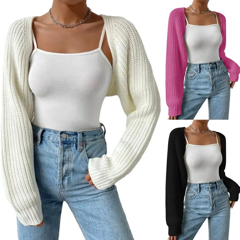 Women's Open Front Cropped Cardigan Long Sleeve Solid Color Ribbed Knit Shrug Sweater Bolero TopsGift Chic Black