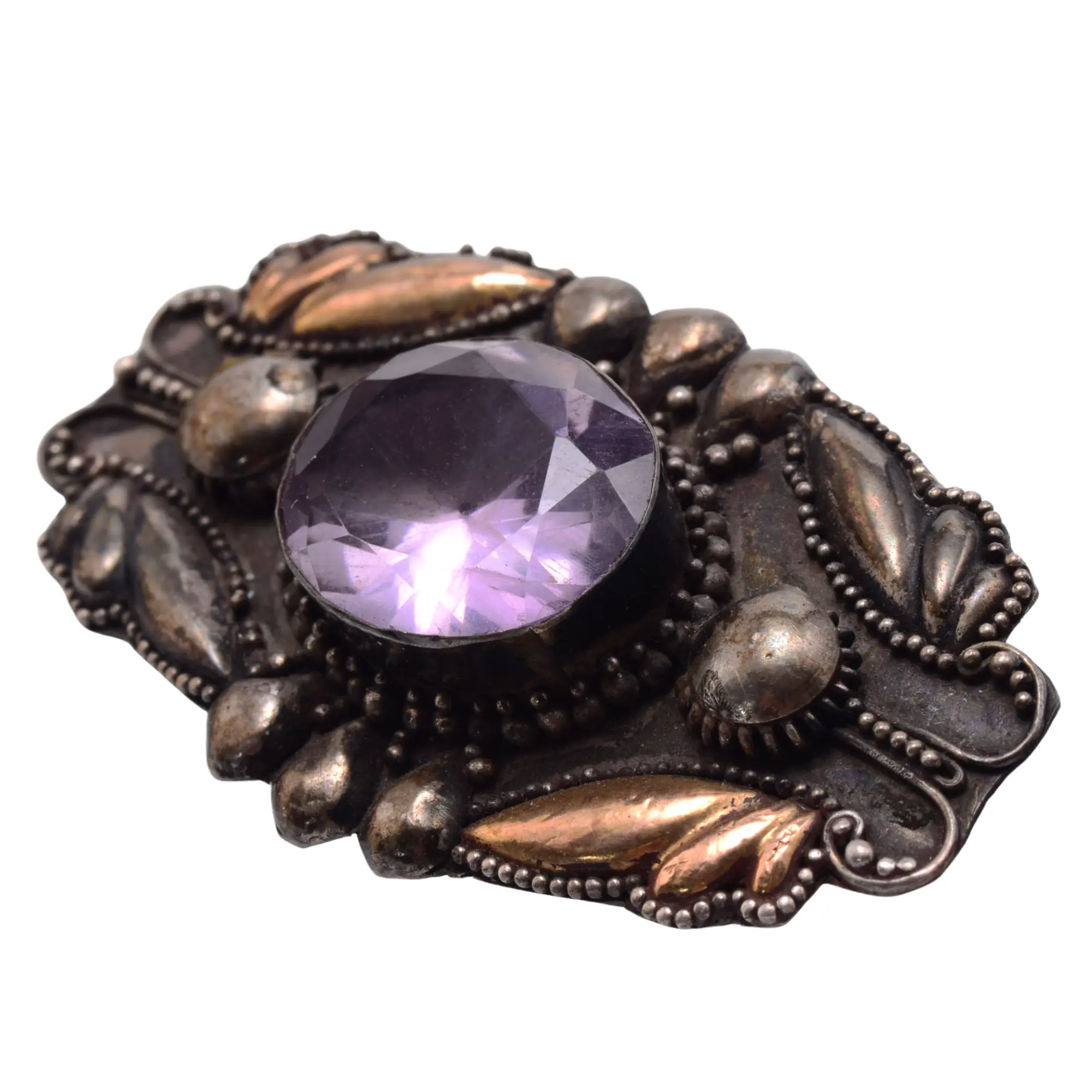 Art Deco Amethyst Glass Stone Brooch - Vintage Style Purple Focal 41mm
