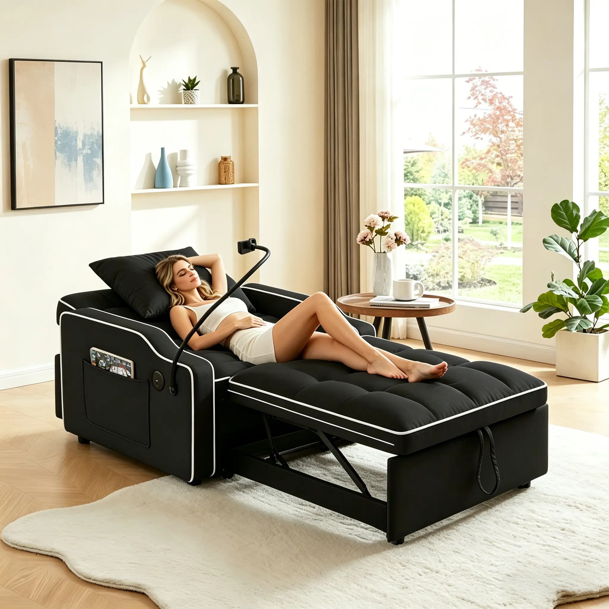 3-in-1 Folding Sofa Loveseat - Modern Convertible Couch Bed, Indoor-Outdoor Velvet Sofa with USB Type-C Port, Phone Holder for Reading, Modern Convertible Sofa
