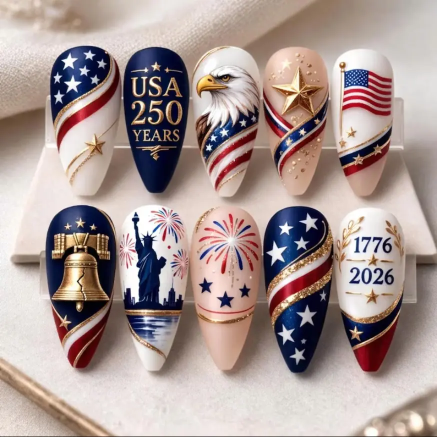 Freedom Patriotic Press On False Nails Set, Red White Blue Star & Firework 4Th Of July Nail Art, Gif For Independent Day