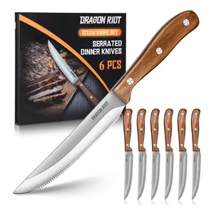 DRAGON RIOT Steak Knives Set of 6, Stainless Steel Serrated Steak Knives Full Tang Wood Handle with Gift Box