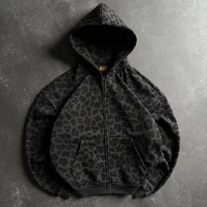 Fashion Leo Zipper Hoodie Leopard Print Pattern Sweatshirt Streetwear Retro Dark Clean Fit Unisex Boxy