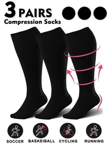 Unisex Plus Size Compression Socks 3-Pack, 20-30 Mmhg Knee-High, Ideal for Running, Athletic Performance & Recovery, Promotes Blood Circulation