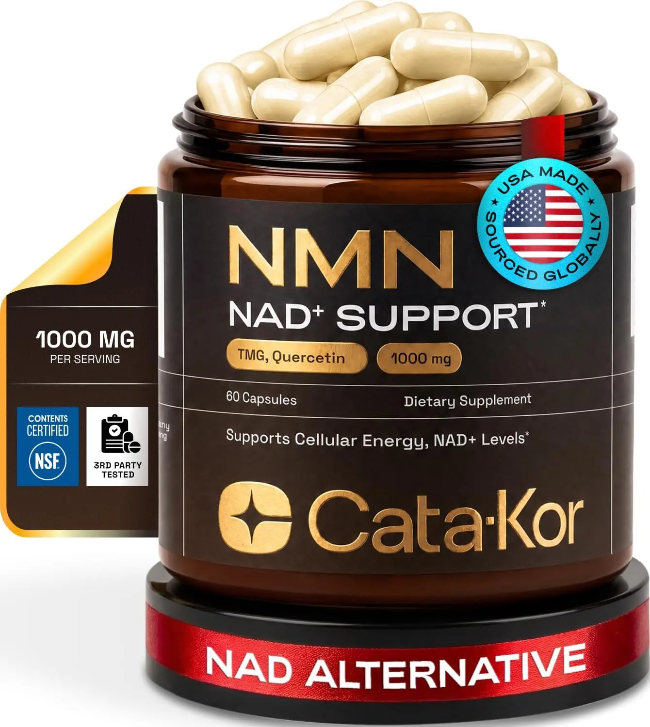 Cata-Kor NMN Supplement – 4-in-1 NAD Supplement with Quercetin | TMG | Resveratrol – NMNH Alternative – Supports Cellular Energy & NAD+ Level – 60 Capsules – Third-Party Tested (1 Pack)