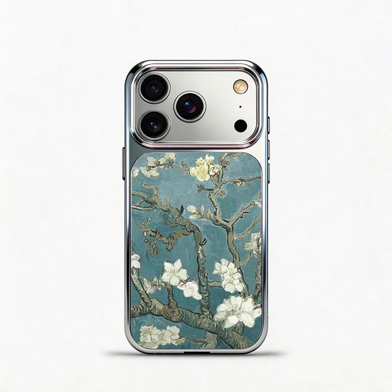 Glass Shockproof Electroplated Silver/Black Branch Flower Oil Painting iPhone 17ProMax Cover Precise Hole Alignment For Lens Frame 15ProMax Anti-yellow | 14ProMax Anti-fall | 13ProMax Ultra-thin Design 16ProMax AirPhoneCase