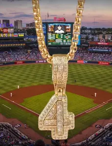 14K Gold Plated Iced CZ Baseball Number Pendant Necklace #4