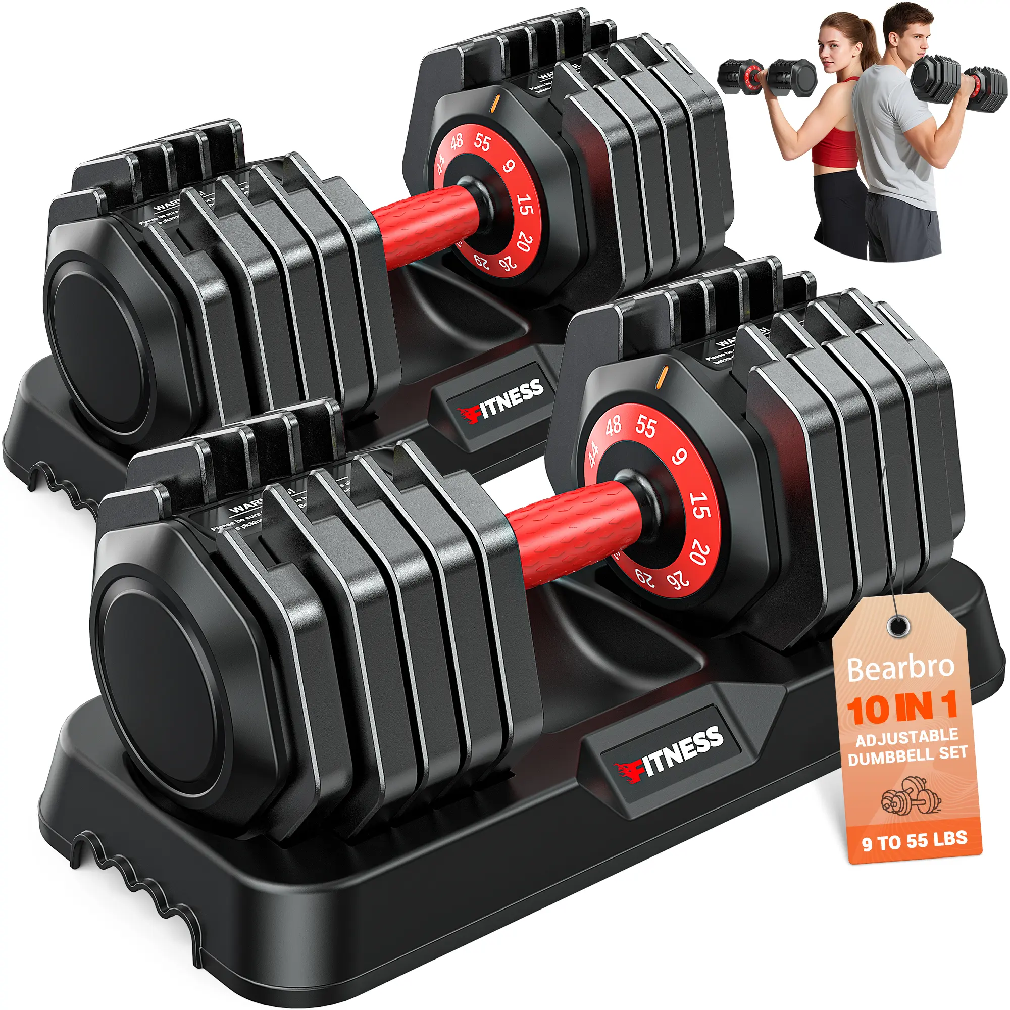 Bearbro Adjustable Dumbbell Set for Home Gym Strength Training 55 or 90 lbs, one-hand adjustable, non-slip knurled grip, compact storage, ideal for full-body strength training