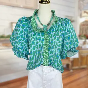 Sage Vell Green Ruffled Collar Leopard Print Puff Sleeve Gingham Trim Blouse Loose Fit Casual Top For Daily Vacation Beach Office Wear