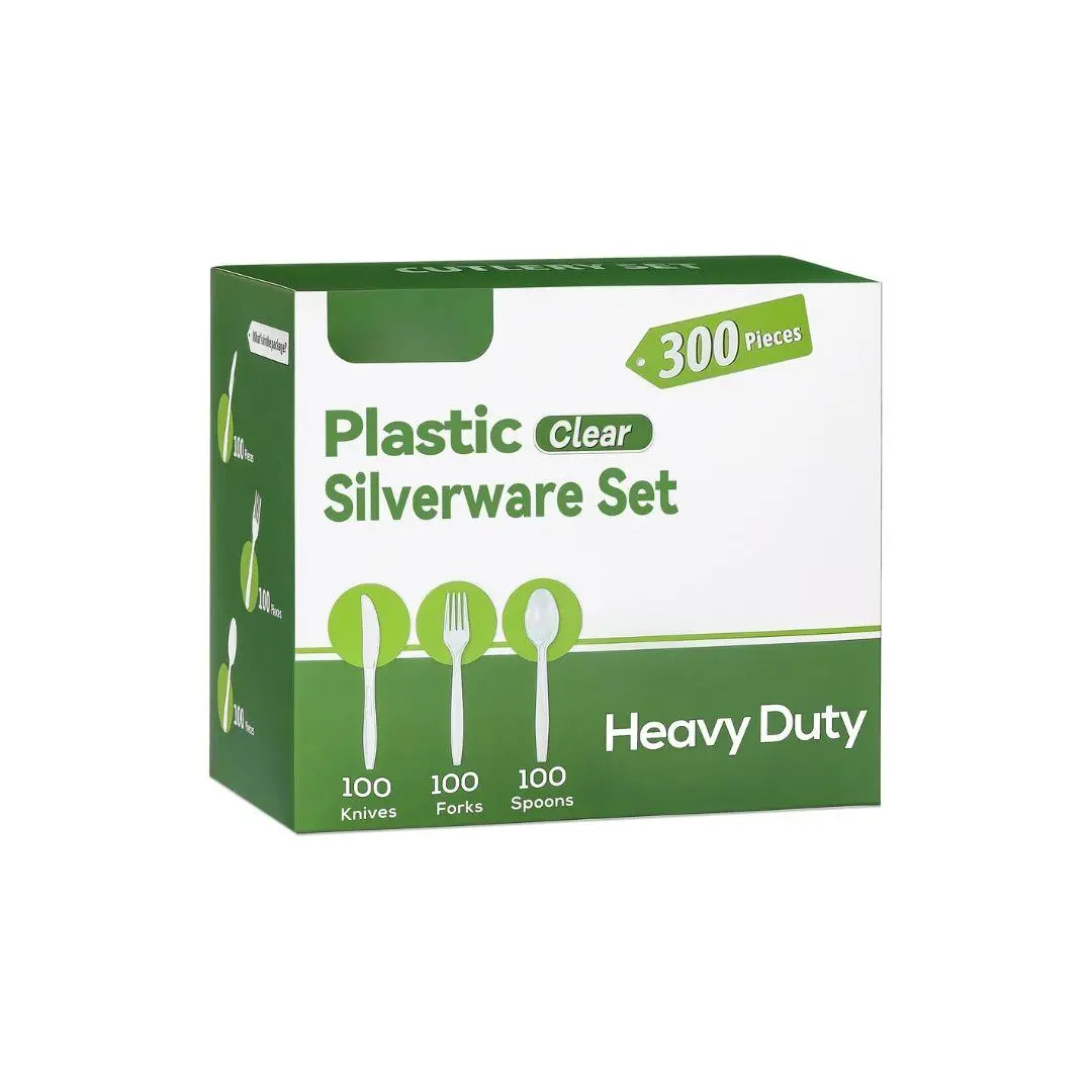 300 Count Heavy Duty Clear Plastic Silverware, 100 Plastic Forks, 100 Plastic Spoons, 100 Plastic Knives, BPA-Free Heat Resistant Disposable Plastic Cutlery Set for Party