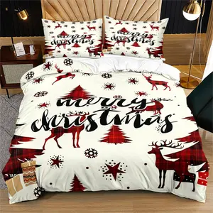 Celebrating Christmas with reindeer and Christmas tree pattern duvet cover, suitable for children, youth, and adults as a Christmas bedroom decoration gift, including 1 duvet cover and 1 or 2 pillowcases without core and pillow Bedding Sets