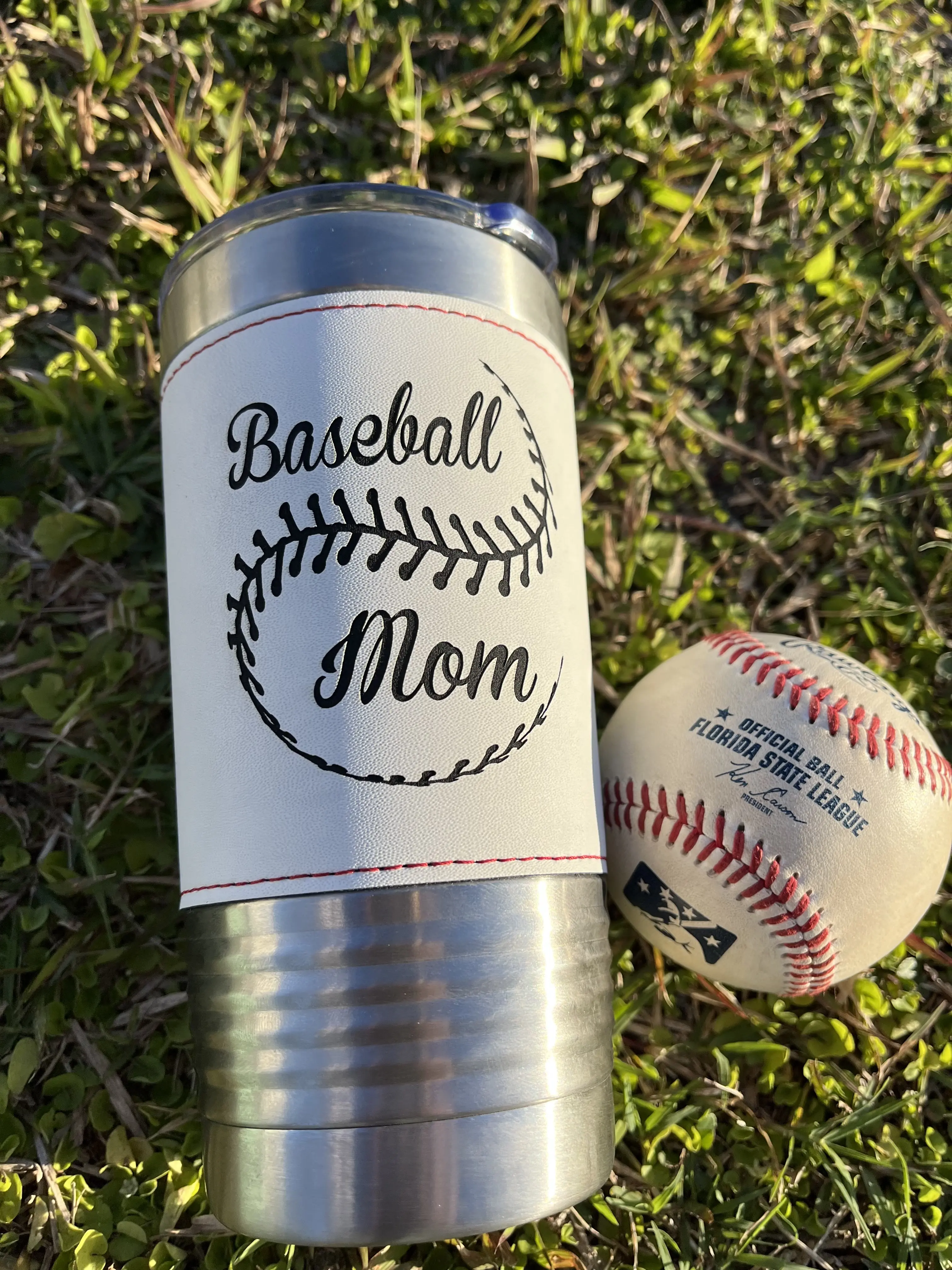 20 oz Baseball Leather Custom Engraved Baseball Mom Tumbler Drinkware Flasks