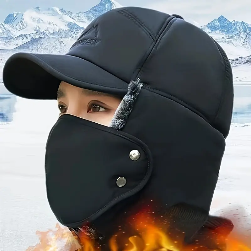 Unisex Winter Trapper Hat with Visor, Windproof Thermal Aviator Hat with Ear Flaps & Face Mask, Free Touchscreen Fingerless Gloves, Warm Hat for Ski Cycling Outdoor, Men Women
