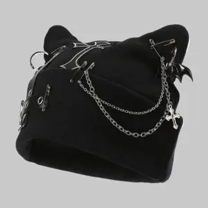 Women’s Gothic Cat Ear Beanie with Punk Chain & Bat Charm | Y2K Grunge Adjustable Winter Cap, Machine Washable Black Streetwear Accessory for Cold Weather Style