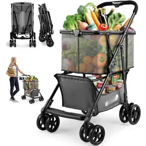 Newly Upgraded Folding Shopping Cart, 80lbs Collapsible Grocery cart with Removable Basket and 360? Swivel Wheels, Single-hand Fold, Portable Personal  Shopping Cart for Groceries