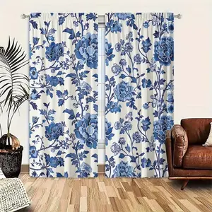 2pc blue floral printed curtains with pole bag design, perfect gift for friends, suitable for home decoration such as dormitories, bedrooms, living rooms, kitchens, dining rooms, study rooms, cafes, hotels, apartments, etc