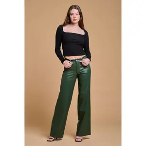 Ellie - Super Stretchy Faux Leather High Waisted Straight Leg Colored Pants Black Fashionable Women's Trousers