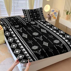 Black Boho Southwestern Cow Skull Fitted Sheet Set, 1 Fitted Sheet + 2 Pillowcases, Aztec Geometric Pattern Bedding, Soft, Comfortable & Breathable Microfiber, All Season Use, Deep Pocket, Non-Slip, Wrinkle & Fade Resistant