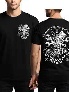 Blue Collar Patriot T-Shirt, Two-Sided Workwear Graphic Tee, American Flag & Tools Design, Labor Day Casual Streetwear for Hardworking Men
