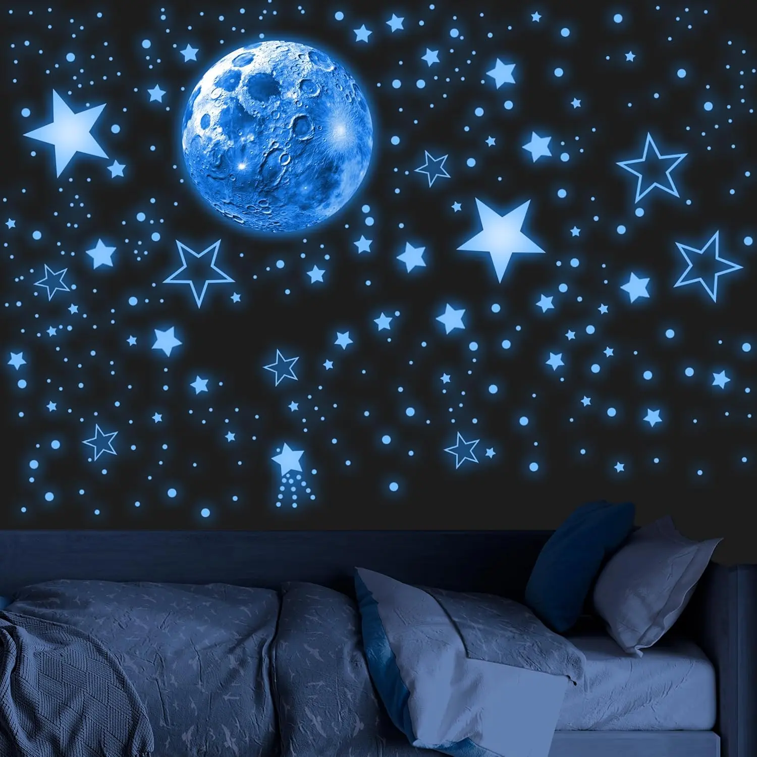 965-Count PVC Decorative Glow-in-the-Dark Sticker Set - Stars, Moon, Planet Luminous Light Decals for Bedroom Ceiling, Wall Decor (Blue), Smooth