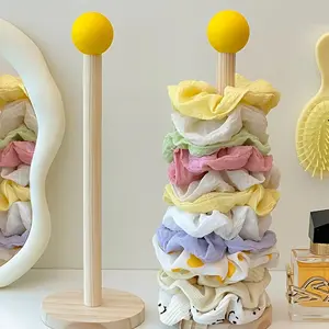 Wooden Hair Scrunchie Holder Stand – Dresser Organizer with Yellow Ball Top Lightweight Racks | Trend Rhythm Accessory